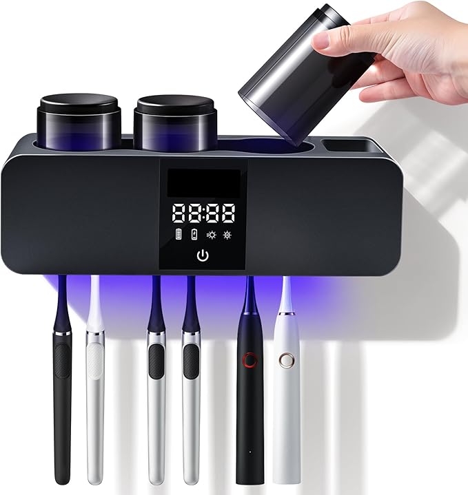 Wall-Mounted Smart Toothbrush Holder with Drying Function,Washroom Toothbrush Clean Holder No Drilling Required, with 3 Cups for Family (Black)