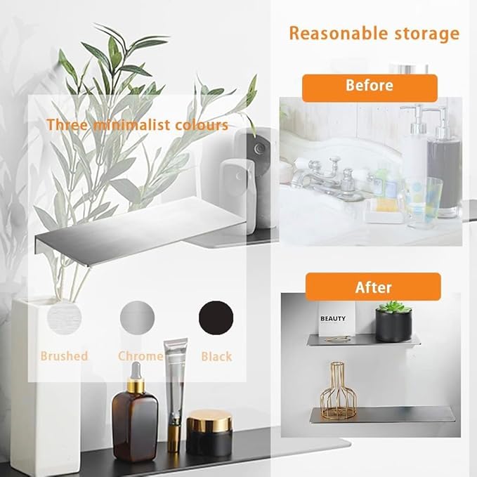 12Inch Stainless Steel Wall Mounted Floating Shelf Drilling or Shelf Adhesive Modern Room Decor Wall Shelf Floating Shelf for Bathroom Bedroom Decor