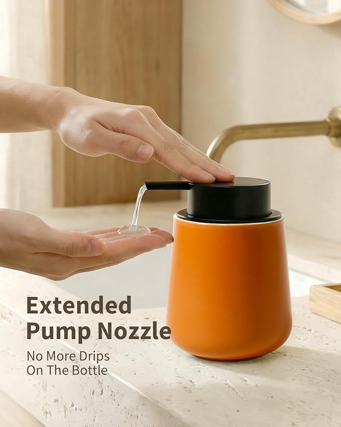 BosilunLife Bathroom Accessory Set - 3 pcs Ceramic Bathroom Soap Dispenser Set Farmhouse Bathroom Counter Decor Set Accessories, Soap Dispenser and Toothbrush Holder with Tray, Orange