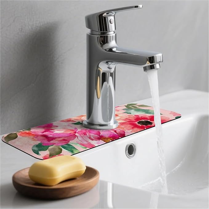 Kitchen Sink Splash Guard，Pink floral watercolor Faucet Mat Sink Gadgets-Super Absorbent Fast Drying Mat Drip Catcher for Kitchen, Bathroom,Sink Mat, Dish Drying Mat, Bathroom(15" X 5.5" )