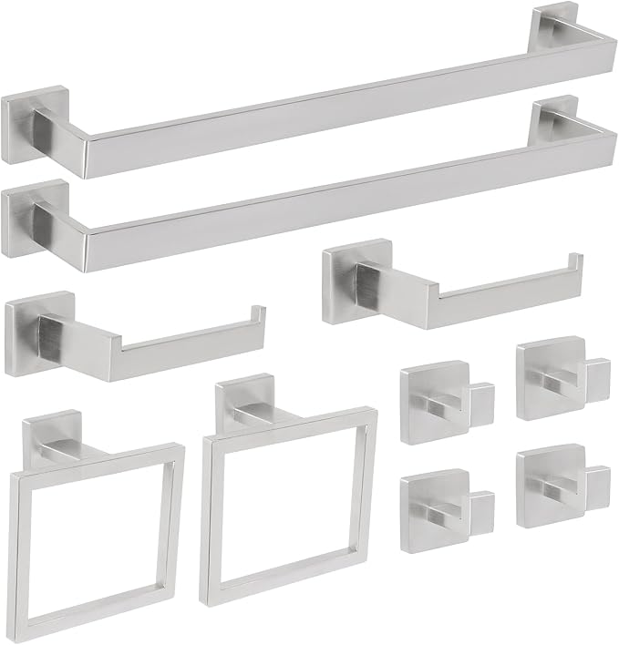 FAHKNS 10 PCS Bathroom Hardware Accessories Set 23.6 Inch Stainless Steel Bath Towel Bar Set Square Towel Ring Set for Bathroom Wall Mounted, Silver
