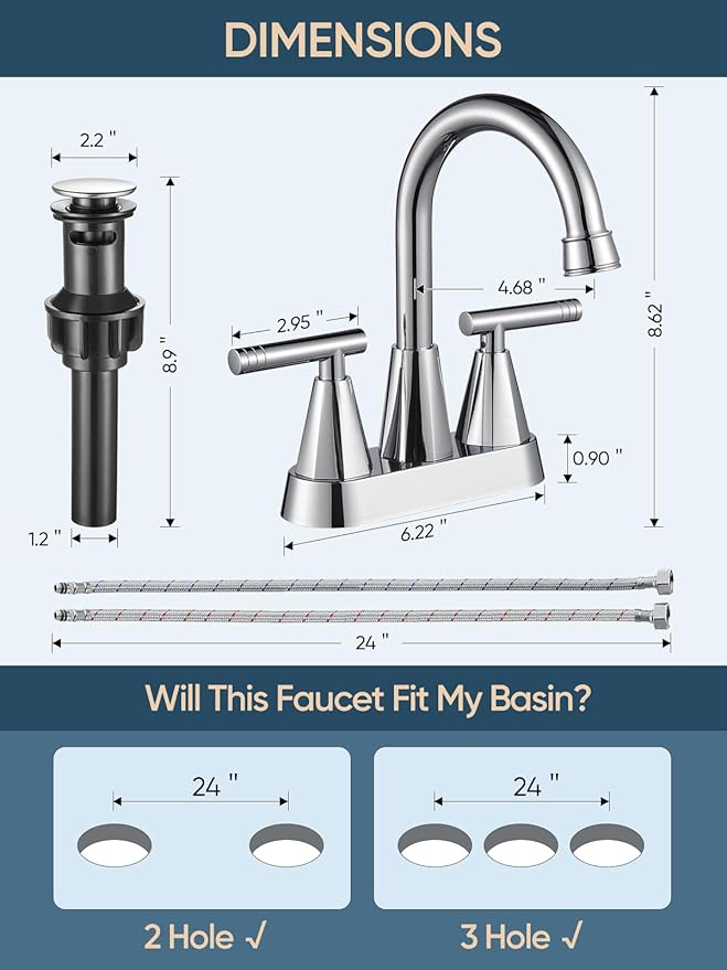 Cobbe Chrome Bathroom Faucets for Sink 3 Hole, 4 inch Chrome Bathroom Sink Faucet with Pop-up Drain and Supply Hoses, Stainless Steel Lead-Free Centerset Touch On Faucets for Bathroom Sink Vanity RV