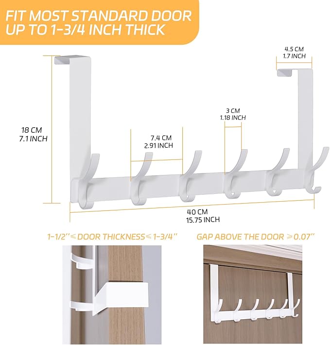 2 Pack Over The Door Hook，Door Hanger for Hanging，Over Door Hanger Holder for Coat Robe Hat Clothe Towels，Towel Racks for Bathroom with 12 Coat Hooks (White, 2 Pack-6 Hooks)