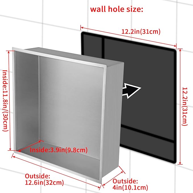 12.6"×12.6" Shower Niche Brushed Stainless Steel, Recessed Shower Caddy, Bathroom Shelf Insert Fits for 12.2" Square Wall Hole Installation (Nickel)