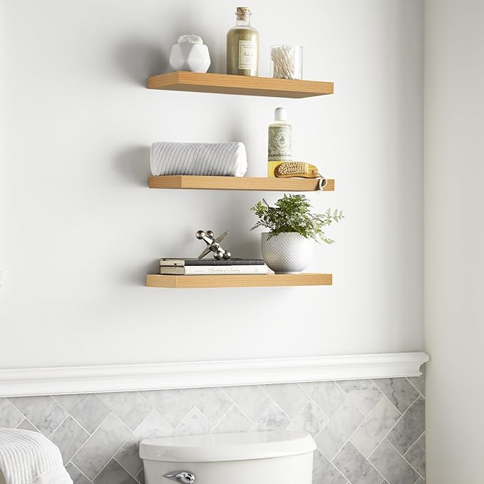 BAYKA Floating Shelves for Wall, Wall Mounted Rustic Wood Shelves for Bathroom, Bedroom, Living Room, Kitchen,Small Hanging Shelf for Books/Storage/Room Decor (Light Oak-Toned, Set of 3, 15.7in)