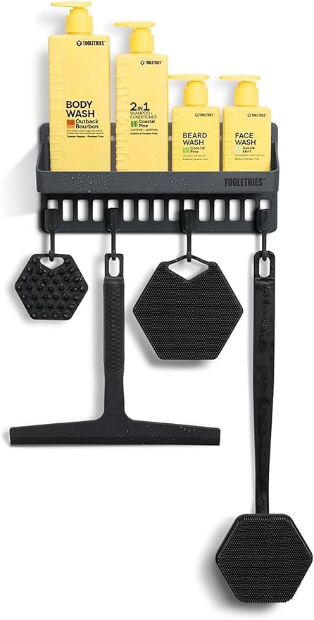 TOOLETRIES The Tool Wall Shower Caddy Bathroom Storage Shelf with Hooks - Wall-Mounted Shower Organiser and Storage with Reusable Adhesive, Store up to 5kg, No Drilling, No Nails, Charcoal