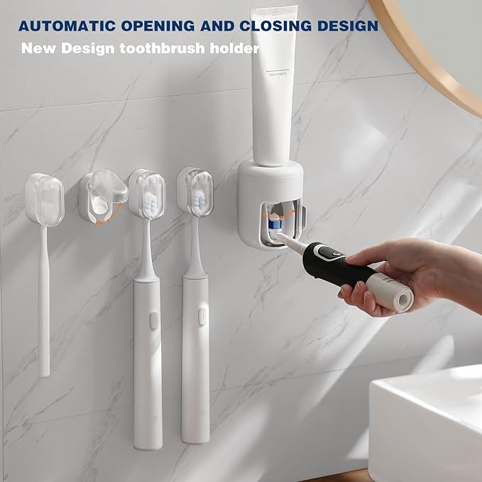 Toothbrush Holder 4-Pack with 1 Toothpaste Dispenser, Dustproof Electric Toothbrush Holder Wall Mounted Adhesive Toothbrush Heads Organizer for Bathroom, Family & Travel(No Drilling)