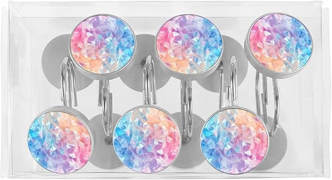 Multicolor Decorative Shower Curtain Hooks,12 Pcs Rust Proof Glass Surface Stainless Steel Curtain Rings for Bathroom Bedroom Living Room Shower Rods Decor