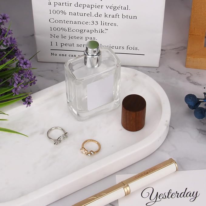 Oval Marble Bathroom Vanity Tray, Natural Luxury Marble Home Kitchen Bathroom Table Tray, Stone Decorative Countertop Serving Trays for Coffee Perfume Jewelry Makeup (White, 10 * 5 * 0.6)
