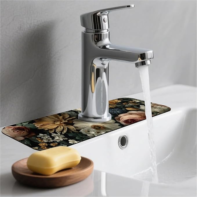 Kitchen Sink Splash Guard，Dark-floral Faucet Mat Sink Gadgets-Super Absorbent Fast Drying Mat Drip Catcher for Kitchen, Bathroom,Sink Mat, Dish Drying Mat, Bathroom(15" X 5.5" )