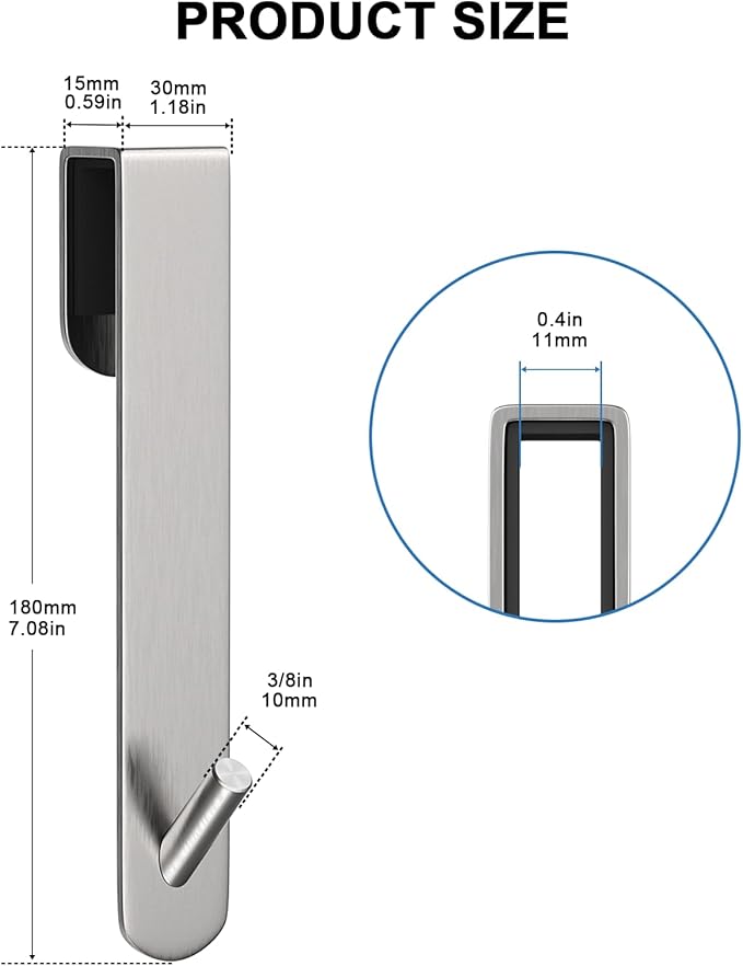 Shower Door Hook, Extended Length Frameless Shower Door Hook (7 Inches), Heavy-Duty Bathrobe Towel Stainless Steel Hook, No Drilling or Adhesive Required, 2-Pack, Silver