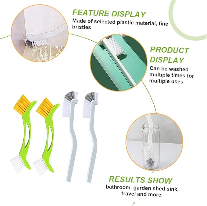PartyKindom 4pcs Double Head Dish Washing Brush with Hard Bristles Curved Handle Tile Line and Grout Cleaner for Kitchen Sink and Bottle Deep Cleaning Space Saving Hanging Design