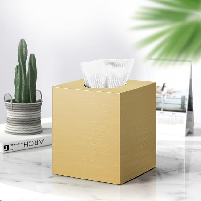 Tissue Box Cover, Square Modern Facial Acrylic Tissue Holder Napkin Dispenser Accessories for Bathroom Vanity Countertop,Bedroom Dresser,Night Stand,Desk,Office(Gold)