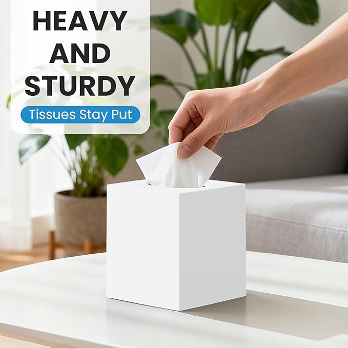 2 Pack Tissue Box Cover White, Square Acrylic Tissue Holder, Decorative Facial Tissue Box Vessel Cube Paper Organizer Dispenser for Bathroom Office, Night Stand, Desk, Car, Vanity, Countertops