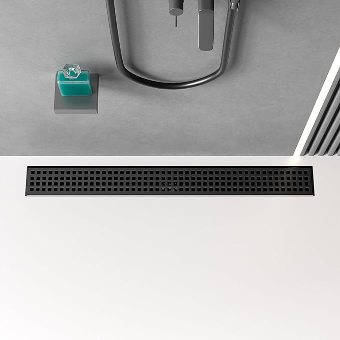 Linear Shower Drain 32 Inch Rectangular Floor Drain with Removable Square Hole Cover and Hair Catcher, Long Shower Drains 304 Stainless Steel CUPC Certified (Matte Black)