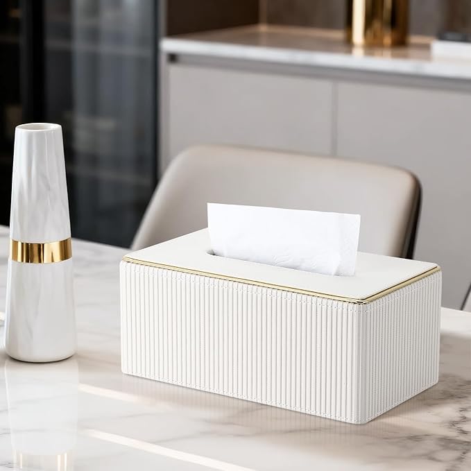 GORESE Rectangle Tissue Box Cover for Kleenex, PU Leather Tissue Box Holder, Rectangular Decorative Tissue Covers for 120(3-Ply)/160(2-Ply) Tissue Box, Cream White