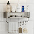 Corner Shower Shelf Caddy Suction Cup, No Drill Hole with Towel Bar and Hook, Gray Bathroom Storage Rack, Zero Drill Square Shelves, Store Toiletries and Bath Towel for Bathroom Kitchen RV