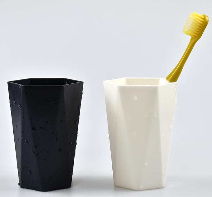 Bathroom 2-Pack, Plastic Toothbrush Holder, Drinking Cup, Geometric Diamond mouthwash Cups, 280 ml/9.5 oz(Black & Off White)