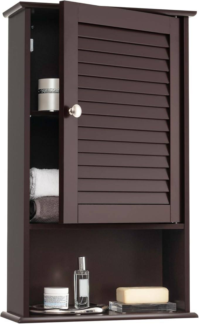 Tangkula Medicine Cabinet, Wall Mounted Bathroom Cabinet Single Door Wooden Bathroom Wall Cabinet with Adjustable Shelf (Brown)