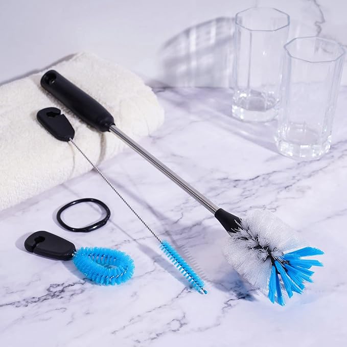 3-in-1 Stainless Steel Bottle Brush and Straw Cleaning Set, Long Handle Scrub Brush with Replaceable Head for Water Bottles, Glasswares, Mugs, Flasks, Tumblers, Vases, Flat Head