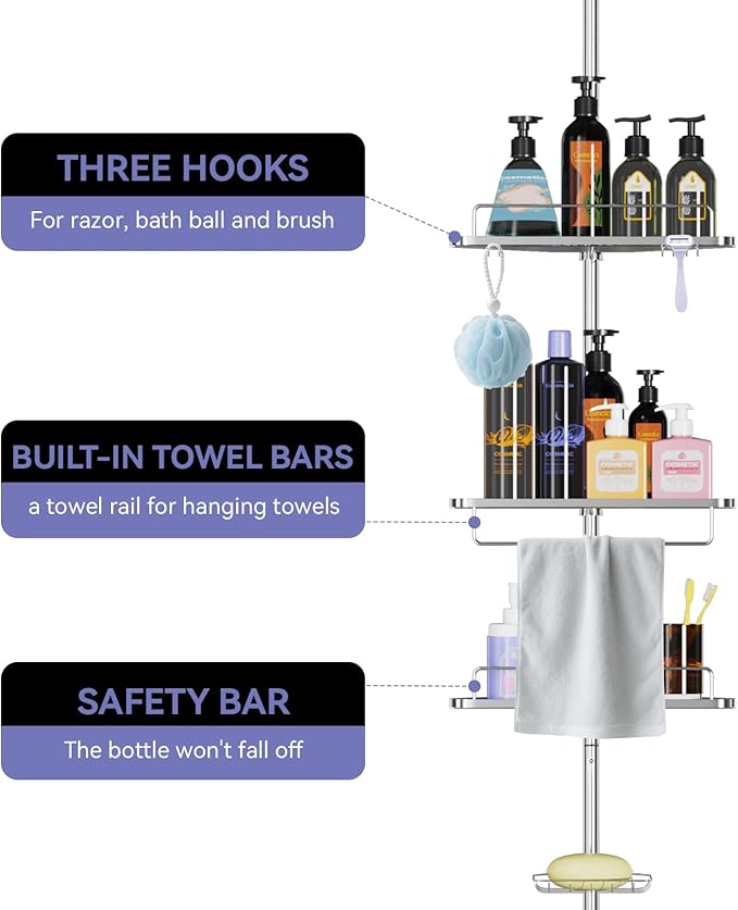 Corner Shower Caddy Tension Pole 59-110 in 4 Tier Rustproof Floor to Ceiling Shower Caddy - Stainless Steel Corner Caddy Shelf for Bathroom Bathtub, Shelves Tension Pole with 3 Towel Bars and 3 Hooks