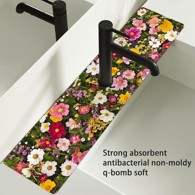 Bimkole 1 PCS Faucet Absorbent Mat, Kitchen Faucet Sink Splash Guard Wraparound Cloth Pads Drip Catcher for Sink Faucet for Kitchen Bathroom Faucet, Colorful Faucet Mat, 15 x 4 Inch Flower A8