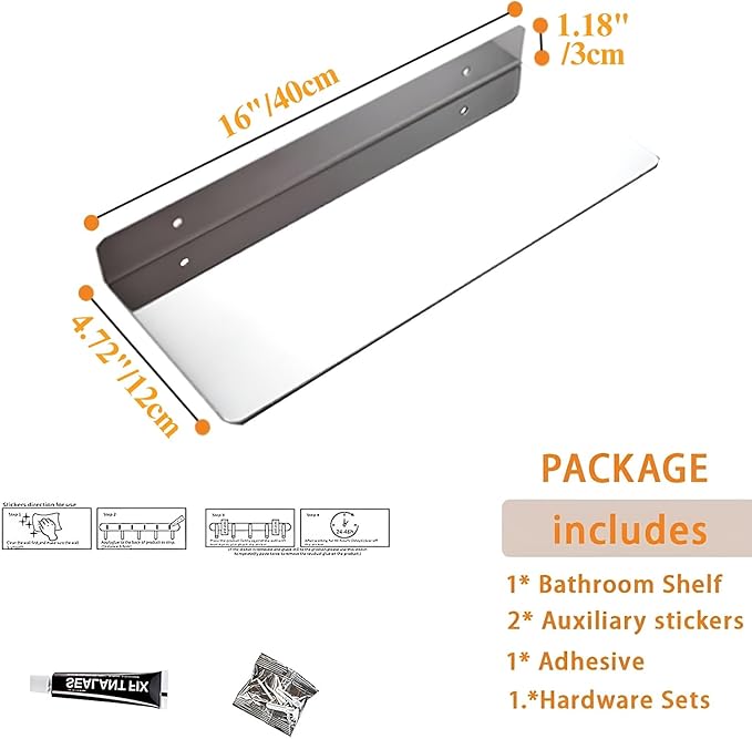 16Inch Stainless Steel Wall Mounted Floating Shelf Drilling or Shelf Adhesive Modern Room Decor Wall Shelf Floating Shelf for Bathroom Bedroom Decor