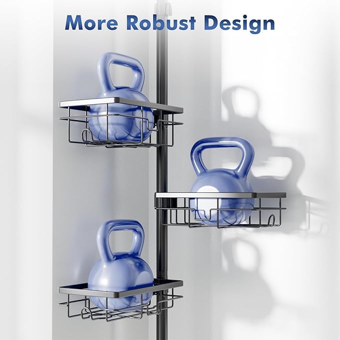 Shower Caddy Organizer Tension Pole, Rustproof 6-Pack Corner Shelf with 30-120 Inch Adjustable Shower Rack for Inside Shower, Extra Towel Bar & Soap Dish for Bathroom Organizers and Storage, Black