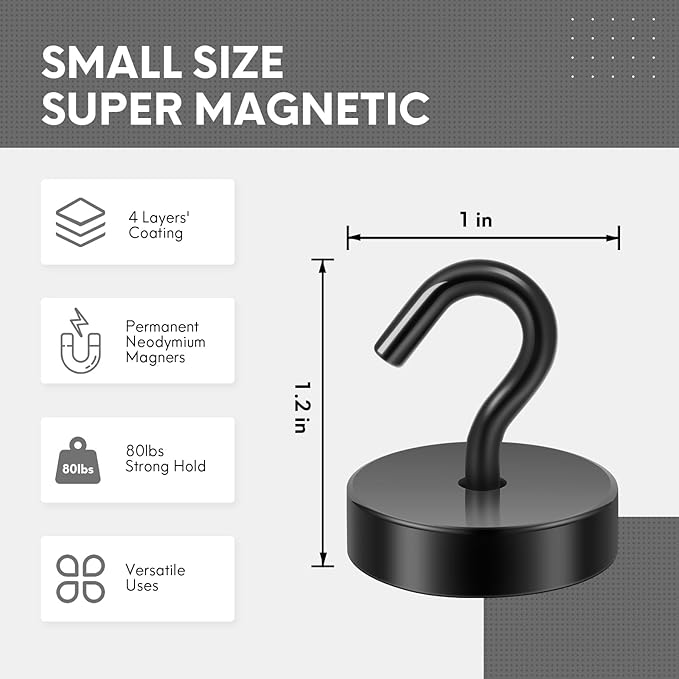 Neosmuk Magnetic Hooks, Cruise Ship Essentials, 80lb+ Heavy Duty Magnetic Hooks for Cruise Cabins, Refrigerator, Grill, Hanging, and Travel | Extra Strong Must-Haves Magnet Hook,Black (Pack of 2)