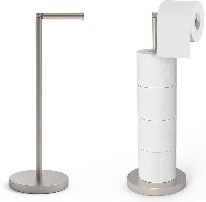 Free Standing Toilet Paper Rack, SUS304 180 Degree Rotatable Tissue Holder with Shelf, Brushed Nickel Bathroom Storage Toilet Roll Stand