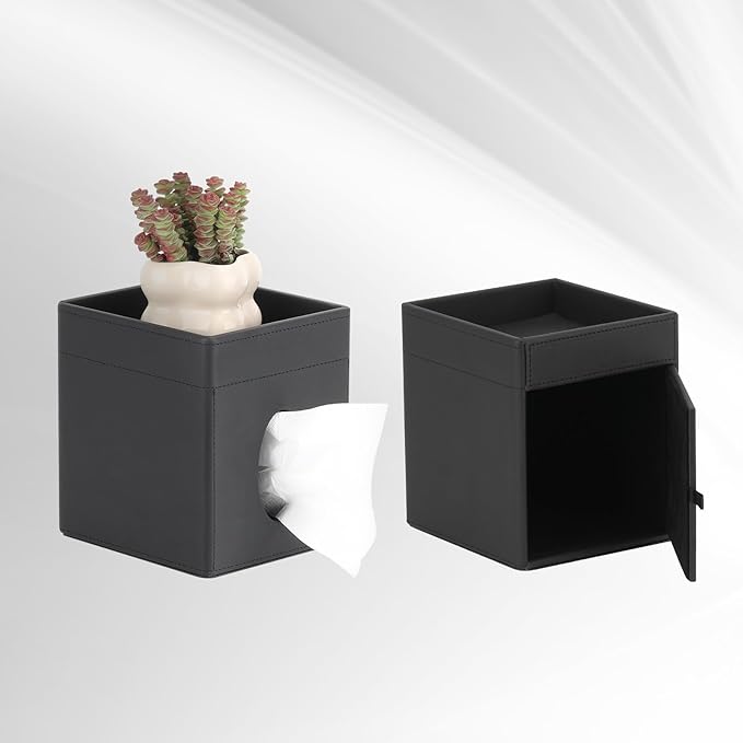 MOCHTERO Decorative PU Leather Tissue Box Cover,Square Tissue Holder with Storage Tray, Bathroom Accessories,for Home and Office, Black
