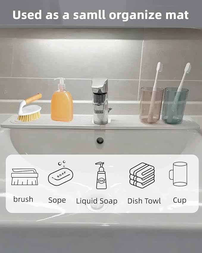 16 Inch Stone Faucet Mat for Kitchen Sink, Diatomite Fast Drying Mat for Kitchen Counter, Water Absorbent Faucet Sink Splash Guard with Raised Feet, Bathroom Counter Protector (White, 15.75"x3.93")