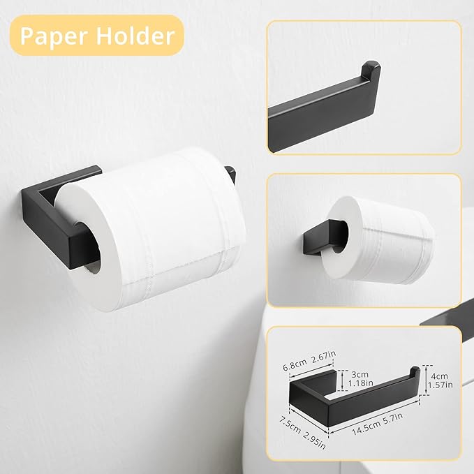 Fapully 23.6-Inch 6 Piece Bathroom Hardware Accessories Set Stainless Steel Wall Mounted Matte Black Include Towel Bar,Hand Towel Holder,Toilet Paper Holder,Robe Towel Hook,Coat Hook,Towel bar Set.