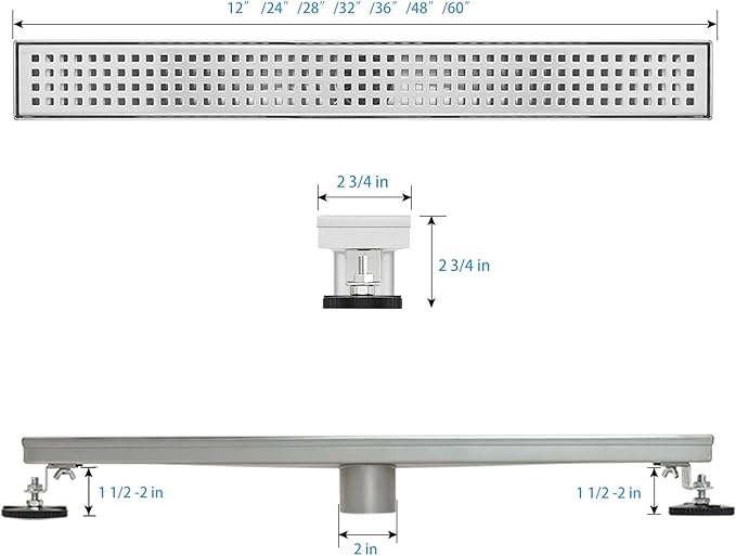 SaniteModar Linear Shower Drain, Shower Drain 60 inch with Removable Square Hole Panel, AISI Brushed 304 Stainless Steel Shower Floor Linear Drain with Adjustable Feet and Hair Catcher