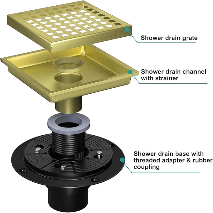 6 Inch Square Shower Drain, Shower Floor Drain with with Removable Square Hole Cover, 304 Stainless Steel Bathroom Drains with Flange (Brushed Bronze)