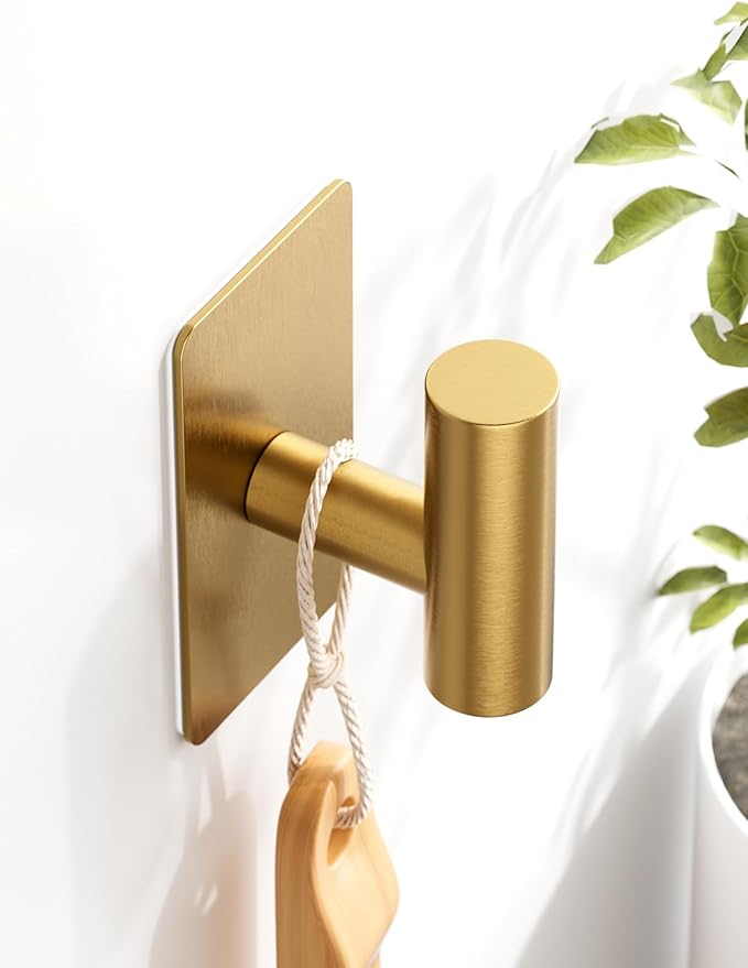 Towel Hooks for Bathrooms – 2 Pack, Brushed Gold Finish, T-Shaped Stainless Steel Adhesive Wall Hooks for Robes & Towels in Kitchen, Shower, or Closet