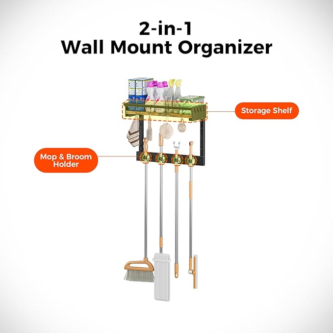 Broom Holder Wall Mount with Shelf, Broom Hanger and Hooks, Broom and Mop Organizer Wall Hanging for Laundry Room, Garage, Utility Closet, Kitchen（Small）