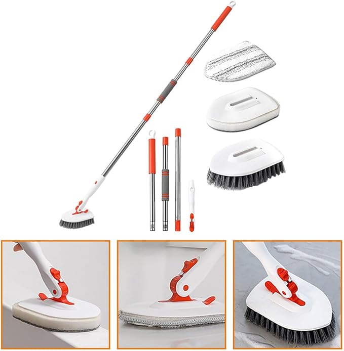 CLISPEED Bathroom Floor Brush Scrubber Set with Hard Bristle and Fiber Cloth, 3-Section Extendable Handle Tub and Tile Scrub Brush for Shower, Grout, and Floor Cleaning