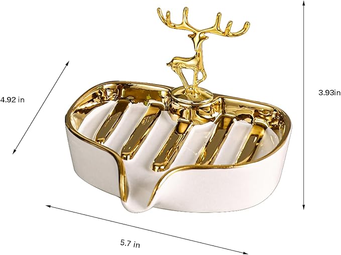 Soap Dish, Luxurious Ceramic Soap Dish Self Draining Soap Holder Tray Easy Cleaning Soap Saver for Shower Bathroom Kitchen Sink Bathtub Hotel Travel（White Painted in Gold）