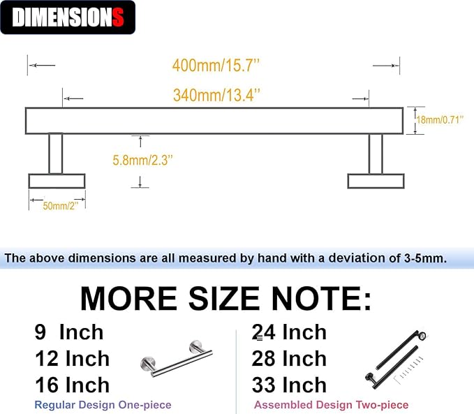 16 Inch Towel Bar 2 Pack for Bathroom 9/12/16/24/28/33 Inch Kitchen Hand Towel Holder Matted Black Stainless Steel 304 RUSTPROOF Wall Mount Towel Rod 2 of Pack (2, Matted Black, 16 Inch)