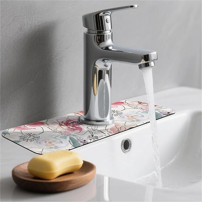Kitchen Sink Splash Guard，Pink watercolor peonies Faucet Mat Sink Gadgets-Super Absorbent Fast Drying Mat Drip Catcher for Kitchen, Bathroom,Sink Mat, Dish Drying Mat, Bathroom(15" X 5.5" )
