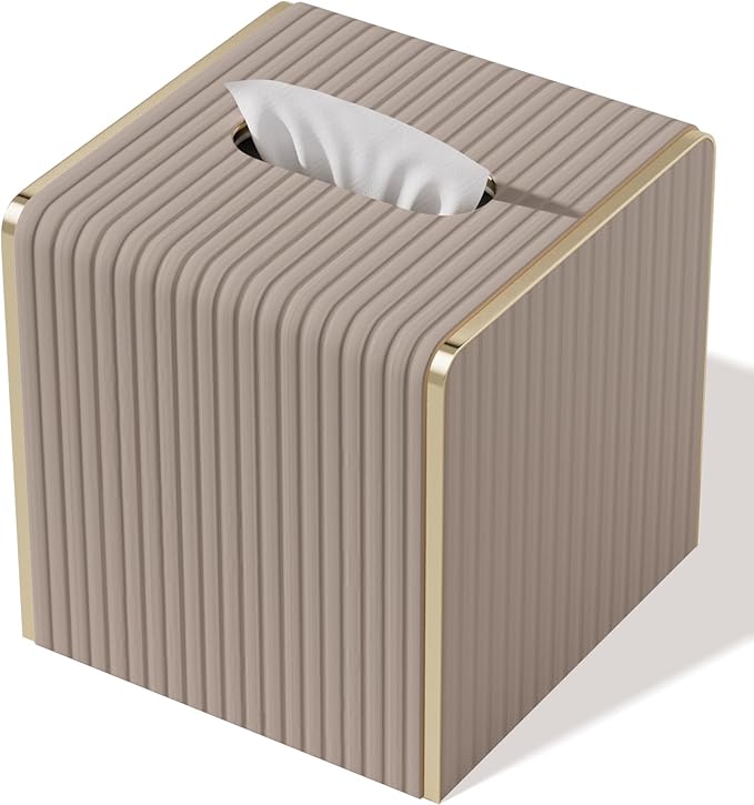 Tissue Box Cover,Beige Cube Leather Tissue Box Holders with Gold-Tone Edging Accents,Decorative Tissue Covers for Bathroom Toilet Bedroom Living Room Table Desk Office Car,Decor Aesthetic