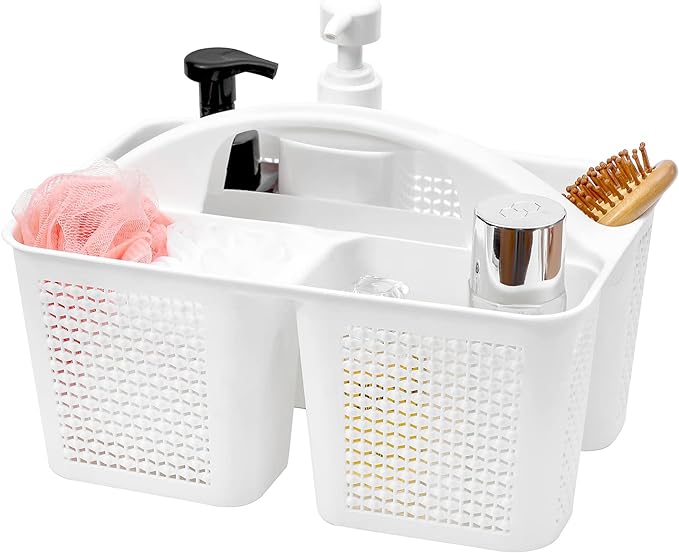 UUJOLY Plastic Portable Shower Caddy Basket Bucket, Cleaning Shower Basket with Handle Compartments Storage Basket Organizer for Bathroom Kitchen College Dorm Sink, White