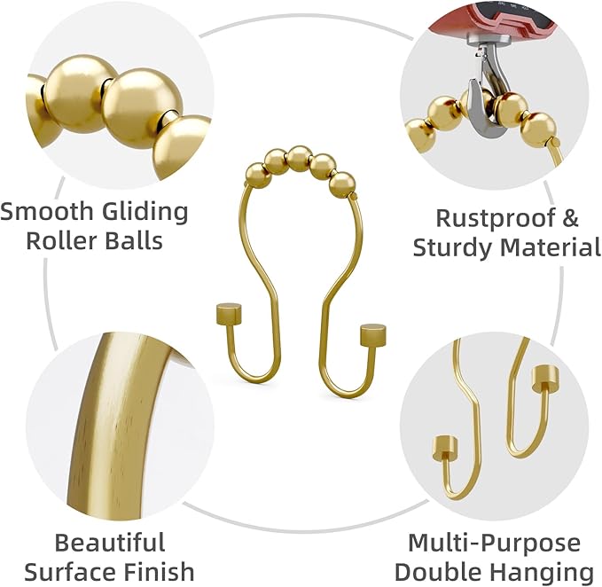 Shower Curtain Hooks, Shower Curtain Rings Rust Proof Double Hook Shower Curtain Hooks with Clindrical Design, 12 Pcs Light Gold Shower Hooks for Shower Curtain, Metal Shower Rod Hooks