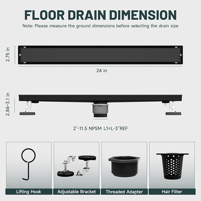 24-Inch Linear Shower Floor Drain, Stainless Steel Bathroom Floor Drains, Rectangular Shower Trench Floor Drain, Hair Strainer, Matte Black