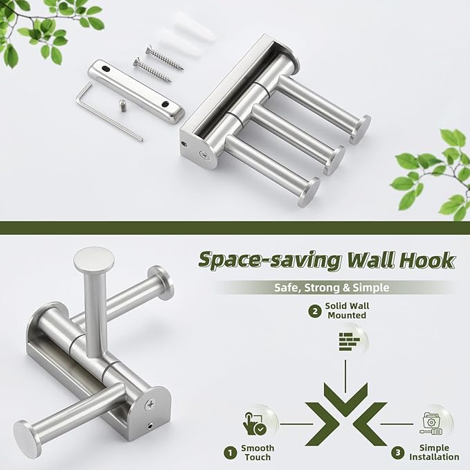 APLusee Brushed Nickel Swivel Coat Hook, 304 Stainless Steel Swivel Towel Hook for Bathroom with Multi 3 Rotating Arms, Wall Mounted