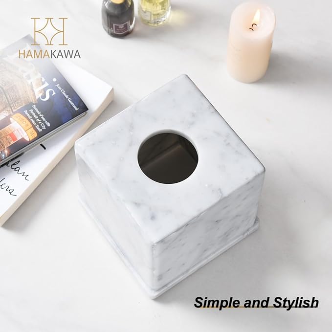 Natural Marble Tissue Box Cover, Carrara White Tissue Organizer 6 x 6 x 5.7 inch, Heavy Stone Decorative Box, Square Tissue Box Holder for Home Decor, Kitchen, Bathroom