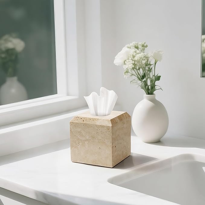 WORHE Tissue Box Cover Italy Natural Travertine Stone Heavy Duty Square Facial Toilet Paper Holder for Bathroom Living Room Bedroom Dresser Kitchen Minimalistic Office Home Decor Beige (TBC145WT)