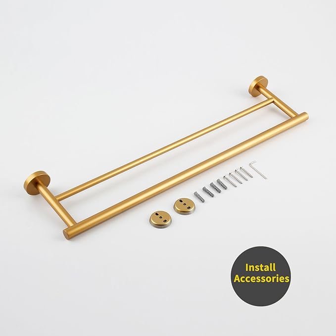GERZWY Bathroom Double Towel Bar 24-Inch Gold Stainless Steel Modern Round Style Bath Hand Towel Rack Wall Mount