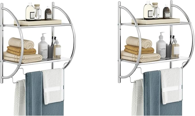 GOFLAME Wall Mounted Bathroom Shelf Set of 2, 2-Tier Chrome Towel Rack with Leaky Design Shelves, Towel Bars, Chrome Bathroom Shelf for Living Room Kitchen Bathroom, Silver